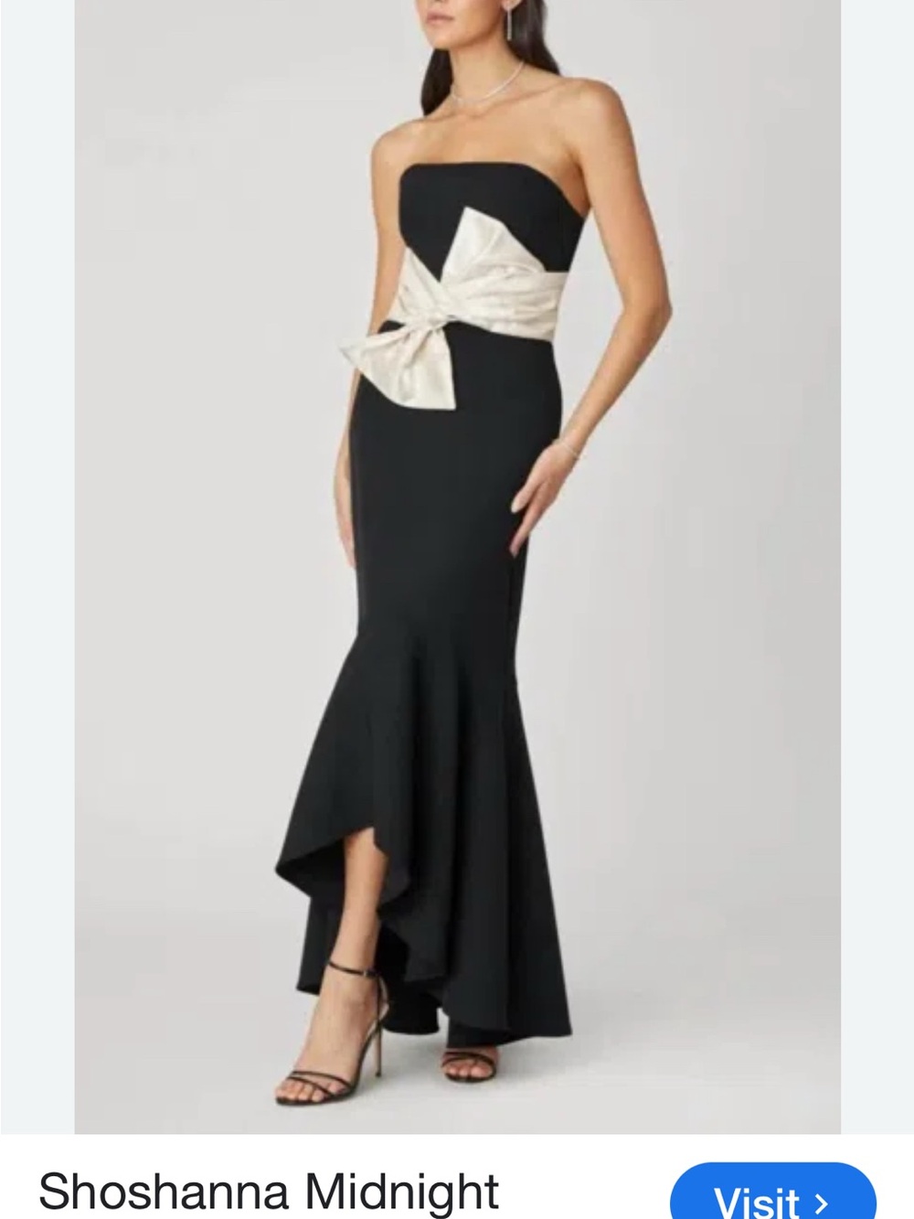 Shoshanna Black Strapless Gown with Cream Bow Accent